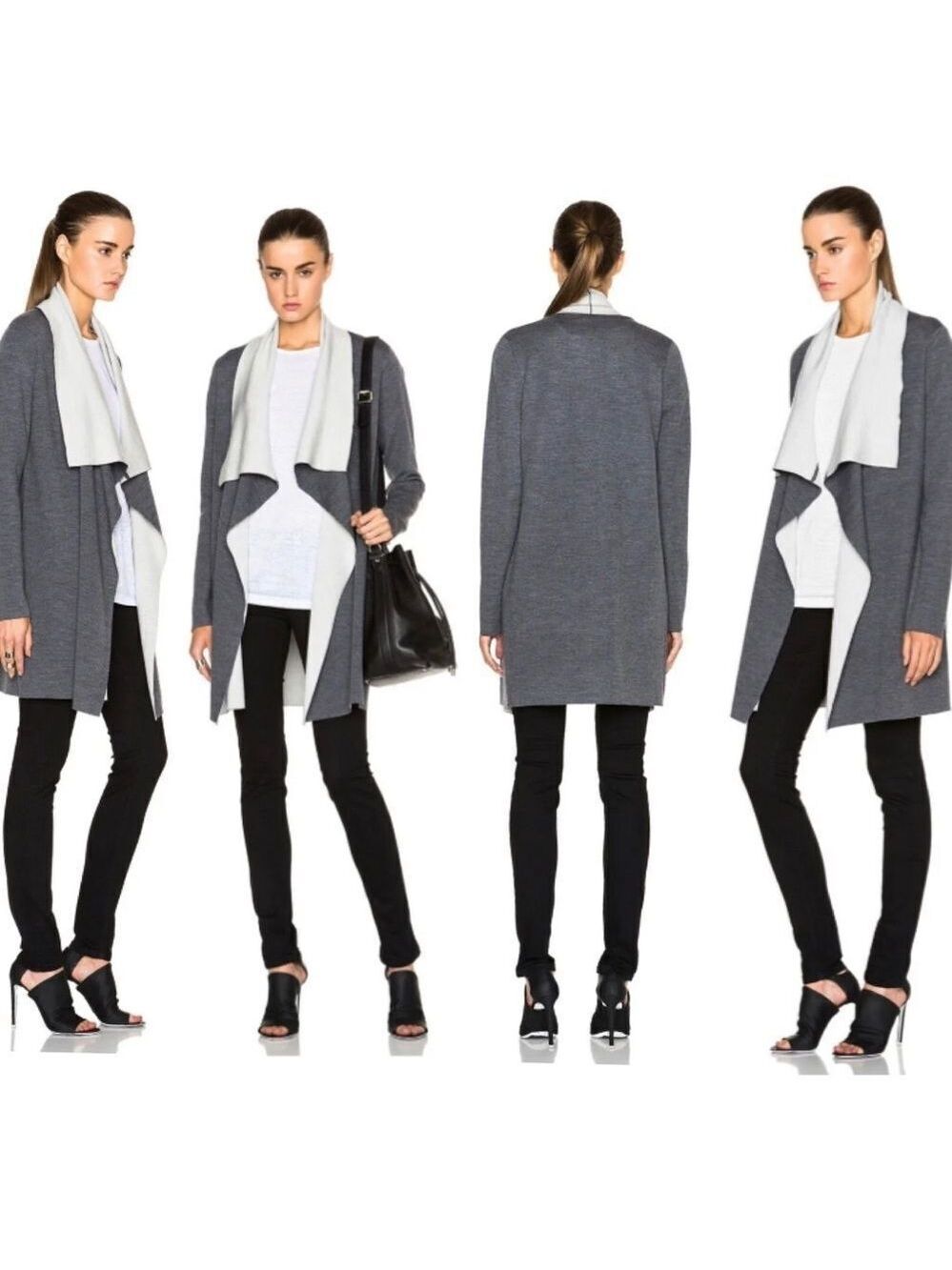 Vince GREY MERINO WOOL BLEND TWO TONE DRAPE OPEN CARDIGAN SWEATER COAT M 6-8